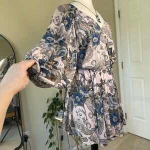 Free People High Plains Boho Balloon Sleeve Mini Dress Paisley Floral XS